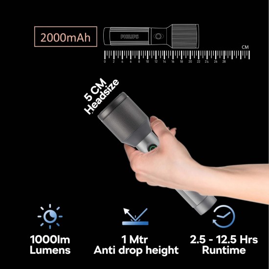 PHILIPS Aircraft Aluminium Alloy 22cms Zoom LED Rechargeable Flashlight SFL2142/56